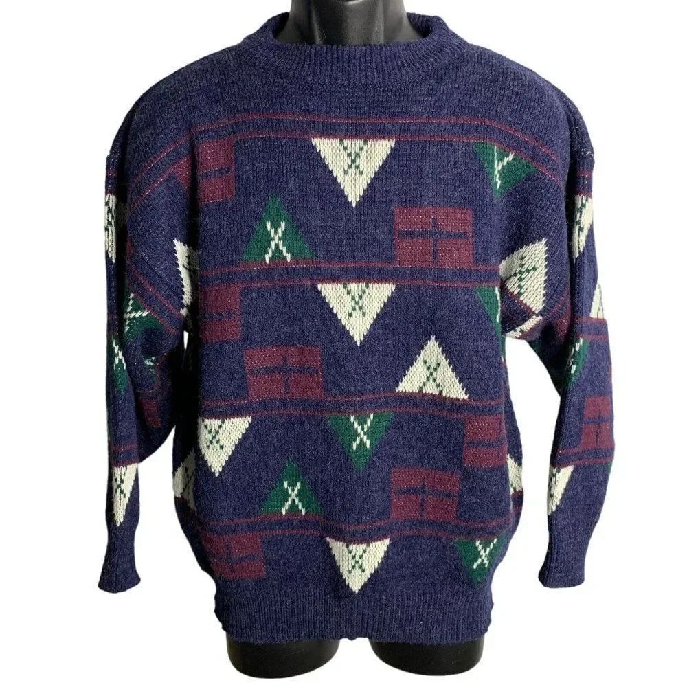 Vintage 80s Crewneck Pullover Knit Sweater L Blue Wool Blend Nautical